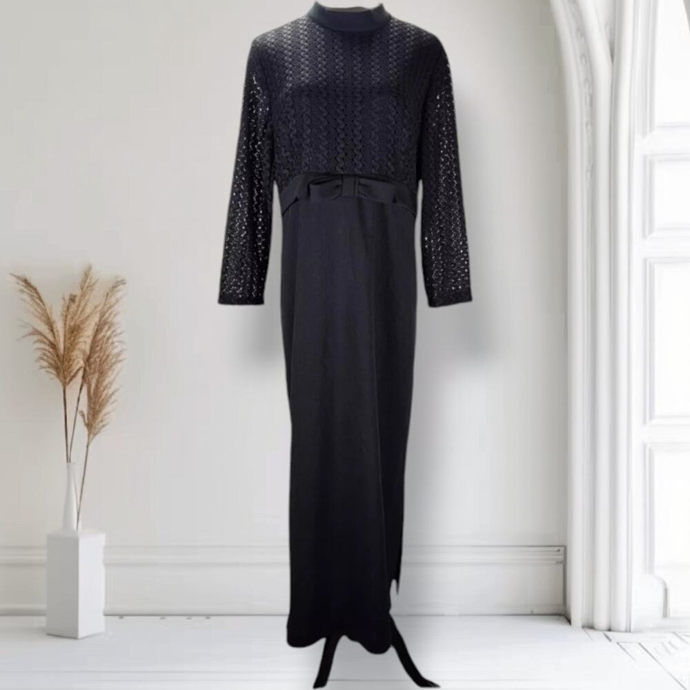 Vintage 70s Black Lace Maxi Dress Womens 16 Long Sleeve Mock Neck Evening Bow